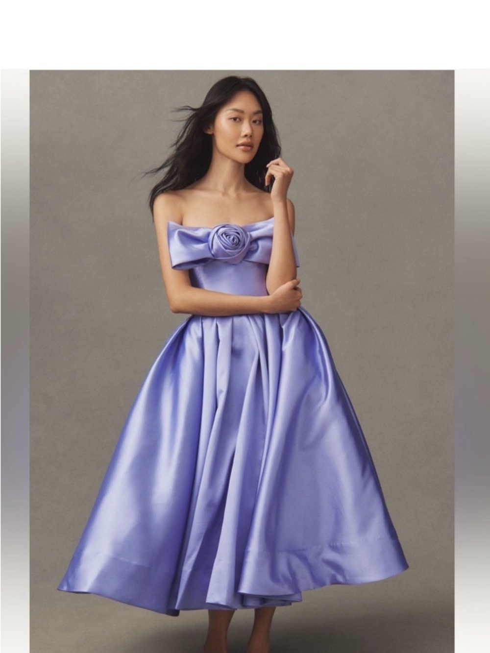 Lavender Strapless Satin Tea-Length Dress with Rosette